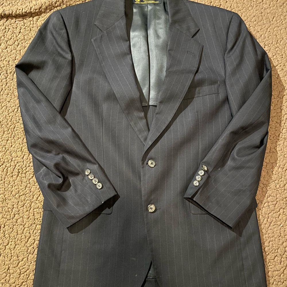 Brooks Brothers Black Pinstripe Suit Jacket 40R 100% Wool Made in USA Vintage